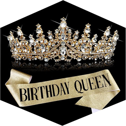 TOBATOBA Birthday Queen Sash and Crown for Women - Gold Rhinestone Tiara and Sash Set for Birthday Decorations Outfits for...