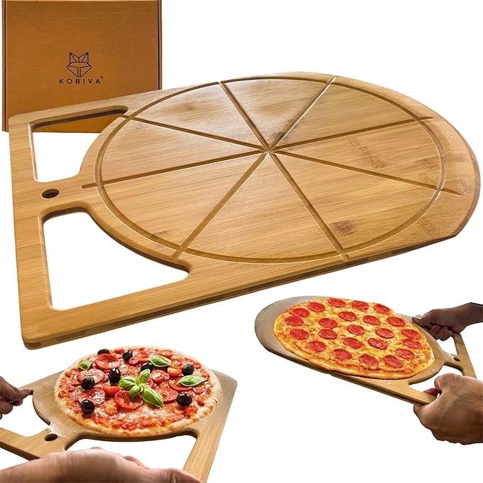 2-in-1 Wooden Pizza Peel & Bamboo Cutting Board | Dual Grip Pizza Paddle Board for Baking, Pizza Spatula & Large Cutting Board for Pizza | Pizza Turning Peel for Baking Accessories, 17" X 13.5"'