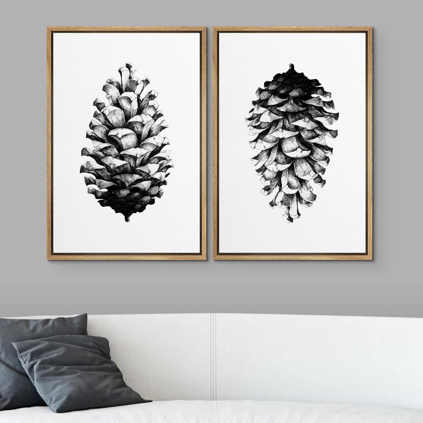 SIGNWIN Framed Canvas Print Wall Art Set Black & White Forest Woodland Pinecone Nature Wilderness Illustrations Modern Art Rustic Relax/Calm for Living Room, Bedroom, Office - 24"x36"x2 Natural