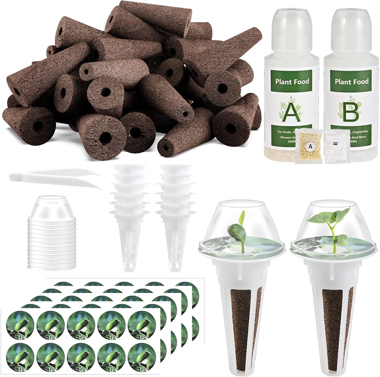 126 Piece Hydroponic Pods Kit: Grow Anything with 30 Grow Sponges, 30 Baskets, 30 Domes, 30 Labels, 4 A&B Plant Food, 1 Tweezer - Compatible with All Hydroponics Brands