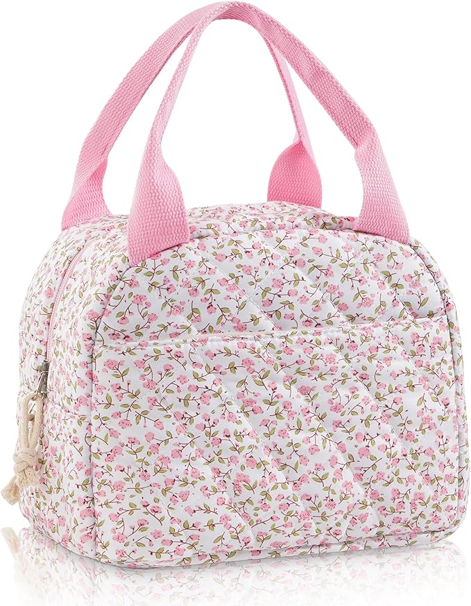Lunch Bag for Women Insulated Lunch Box Reusable Cooler Bag Portable Cute Floral Quilted Cotton Bag Leakproof Tote Bags for Travel, Work, and Picnic
