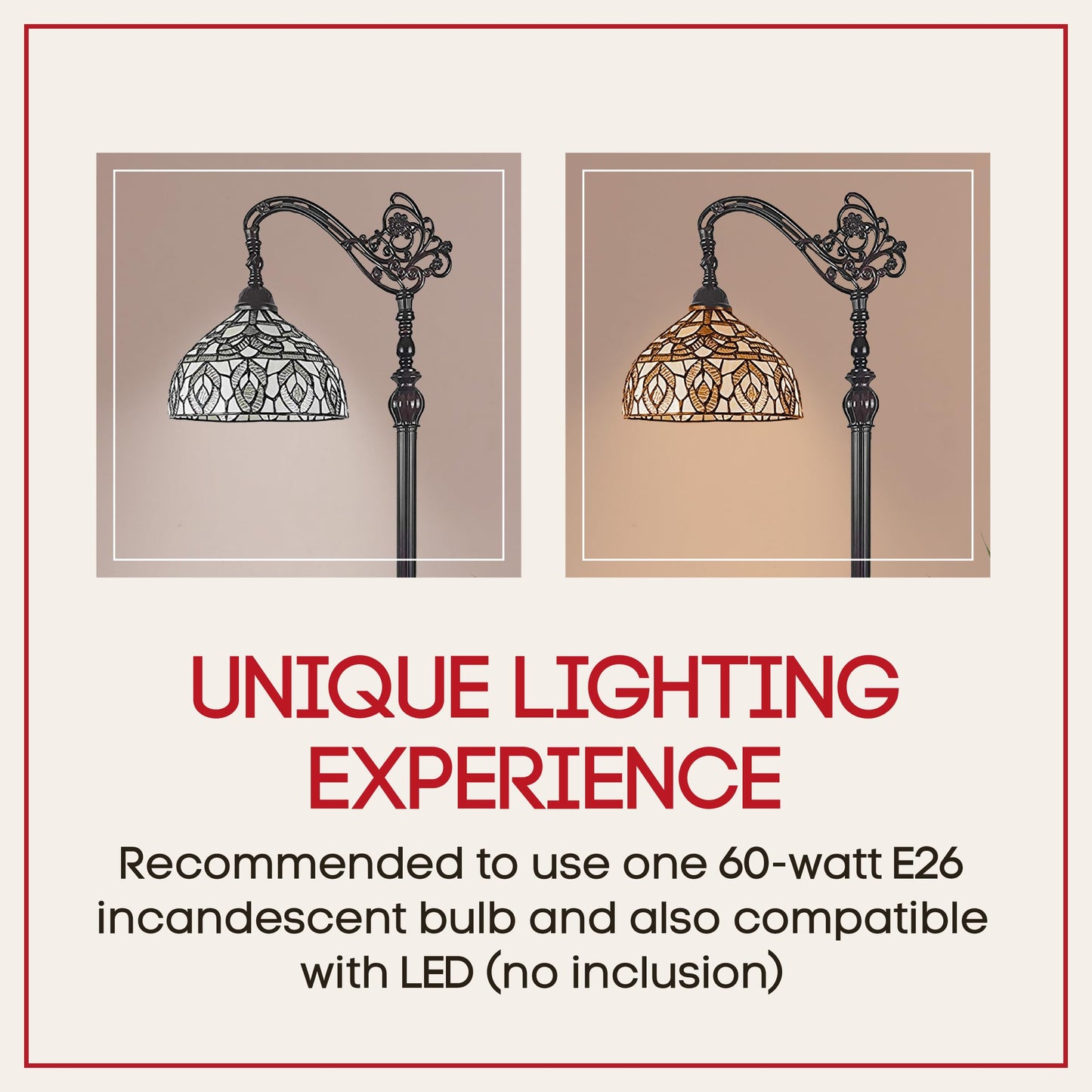 Amora Tiffany Floor Lamp - Arched  Stained Glass 62  With Foot Switch Operation And Adjustable Lamp Shade - Custom Handcrafted Floor Lamps For Living Room In White Mahogany Traditional Peacock