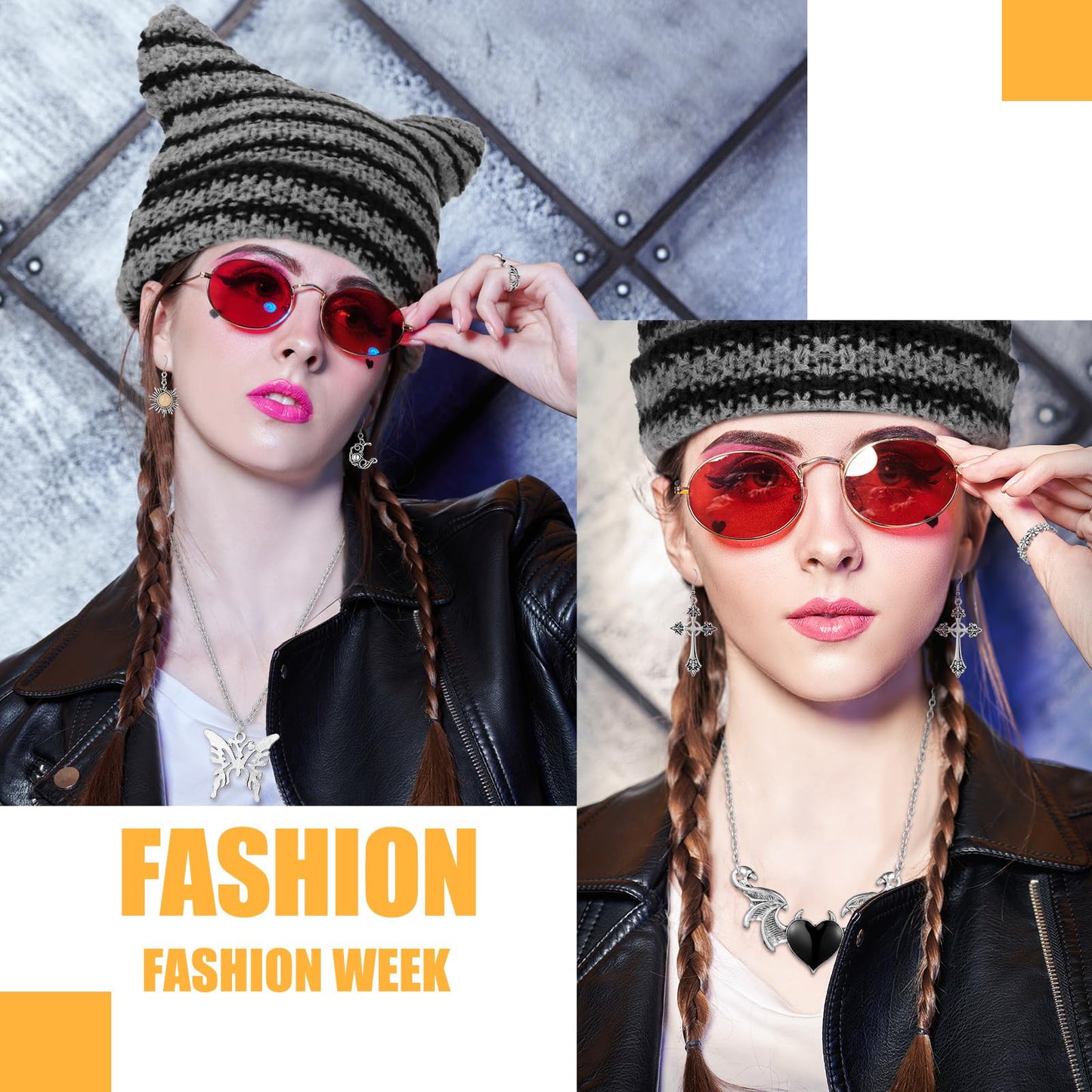 Quelay 22 Pcs Y2k Grunge Knitted Cat Beanie with Fairy Grunge Ripped Glove Earrings Necklace Rings Set Horn Accessories Slouchy Hat Crochet Beanie with Ears (Black)
