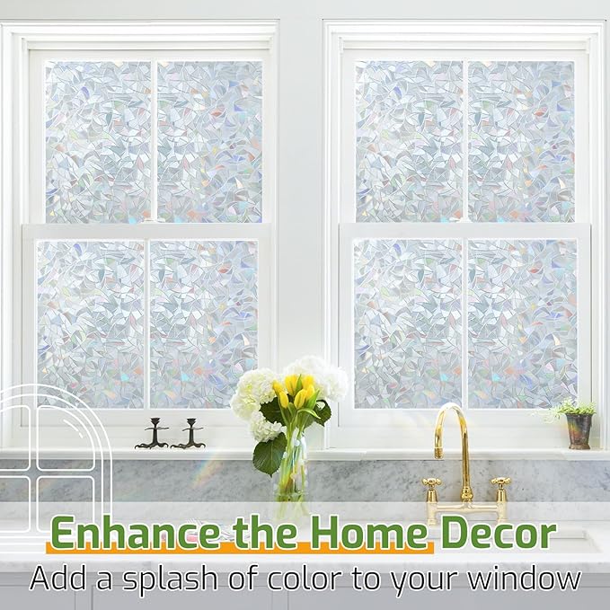 LUTE Window Privacy Film, Rainbow Window Flim, 3D Decorative Stained Glass Cling, Non-Adhesive Vinyl Static Cling UV Blocking Heat Control One Way Glass Covering for Home, Silver, 35.4 x 118.1 inches