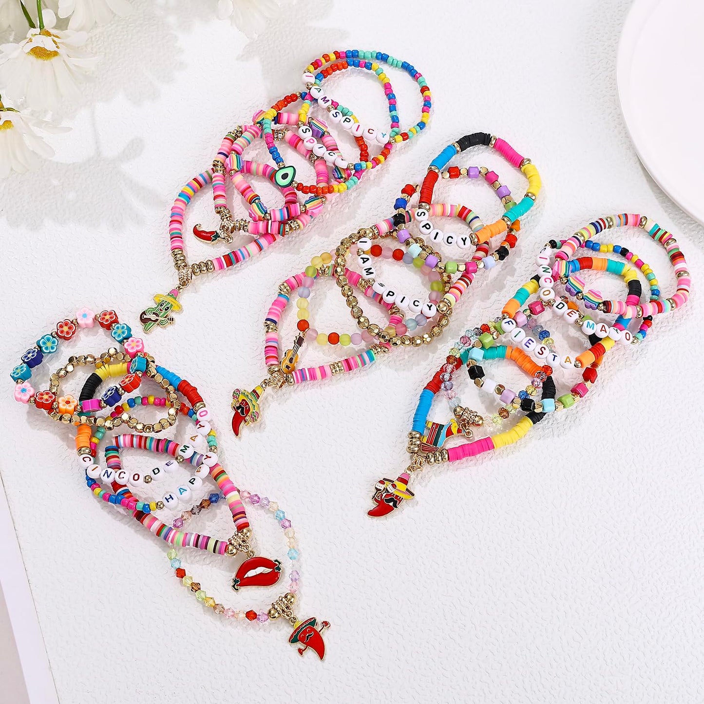 Taouzi Mexican Bracelets Cinco De Mayo Bracelets for Women Mexican Jewelry Cinco De Mayo Jewelry Handmade Elastic Stackable Clay