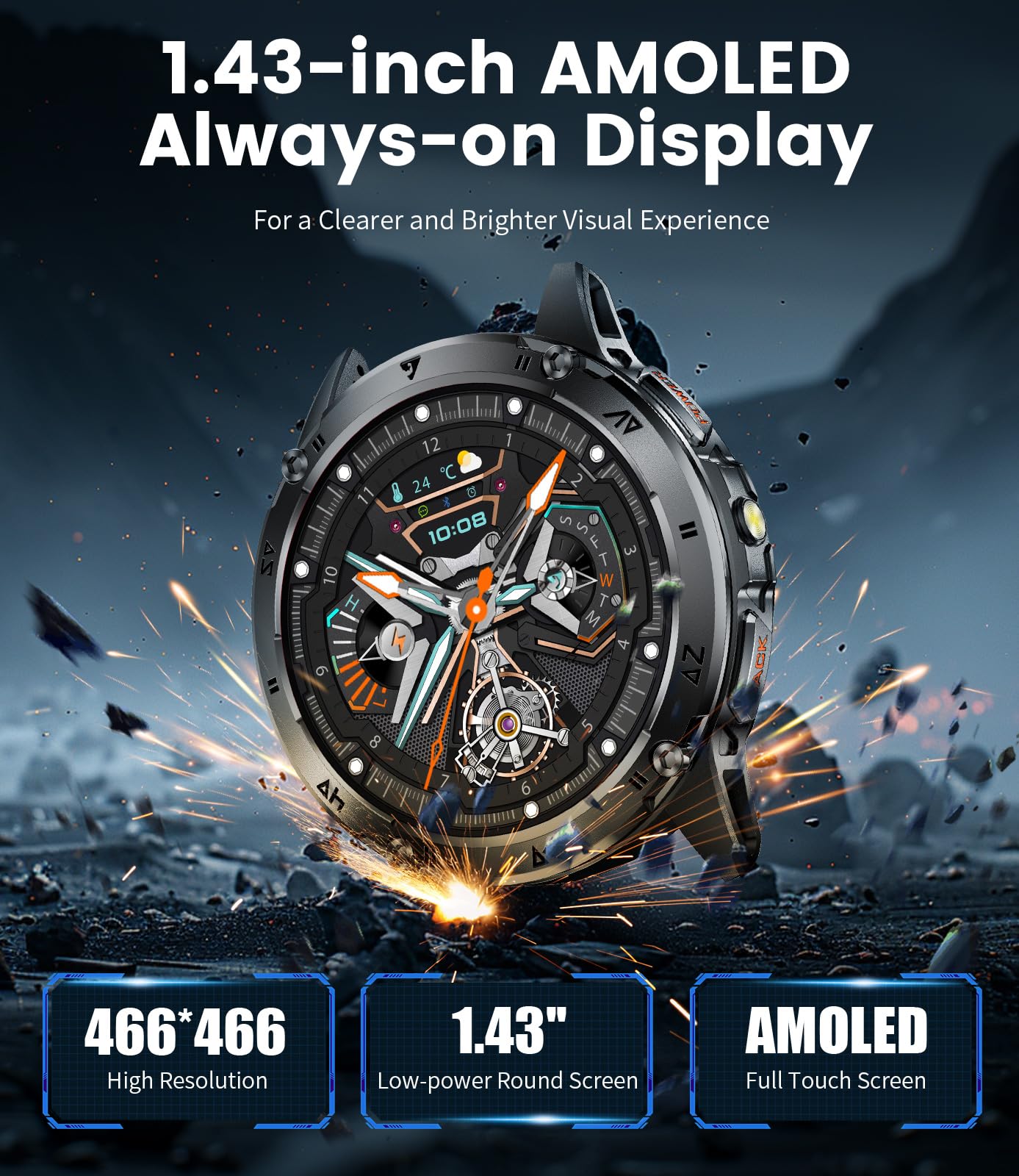 Military Smart Watches for Men ,530mAh Large Battery,1.43"AMOLED Heart Rate/SpO2/Sleep Monitor 5ATM Waterproof Smartwatch for Android iOS (Answer/Make Calls),Fitness Tracker with LED Flashlight