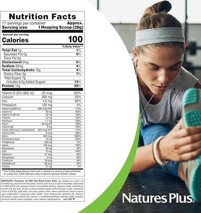 Natures Plus SPIRU-TEIN, Chocolate - 1.05 lb - Plant-Based Protein Shake - Non-GMO, Vegetarian, Gluten Free - 17 Total Servings