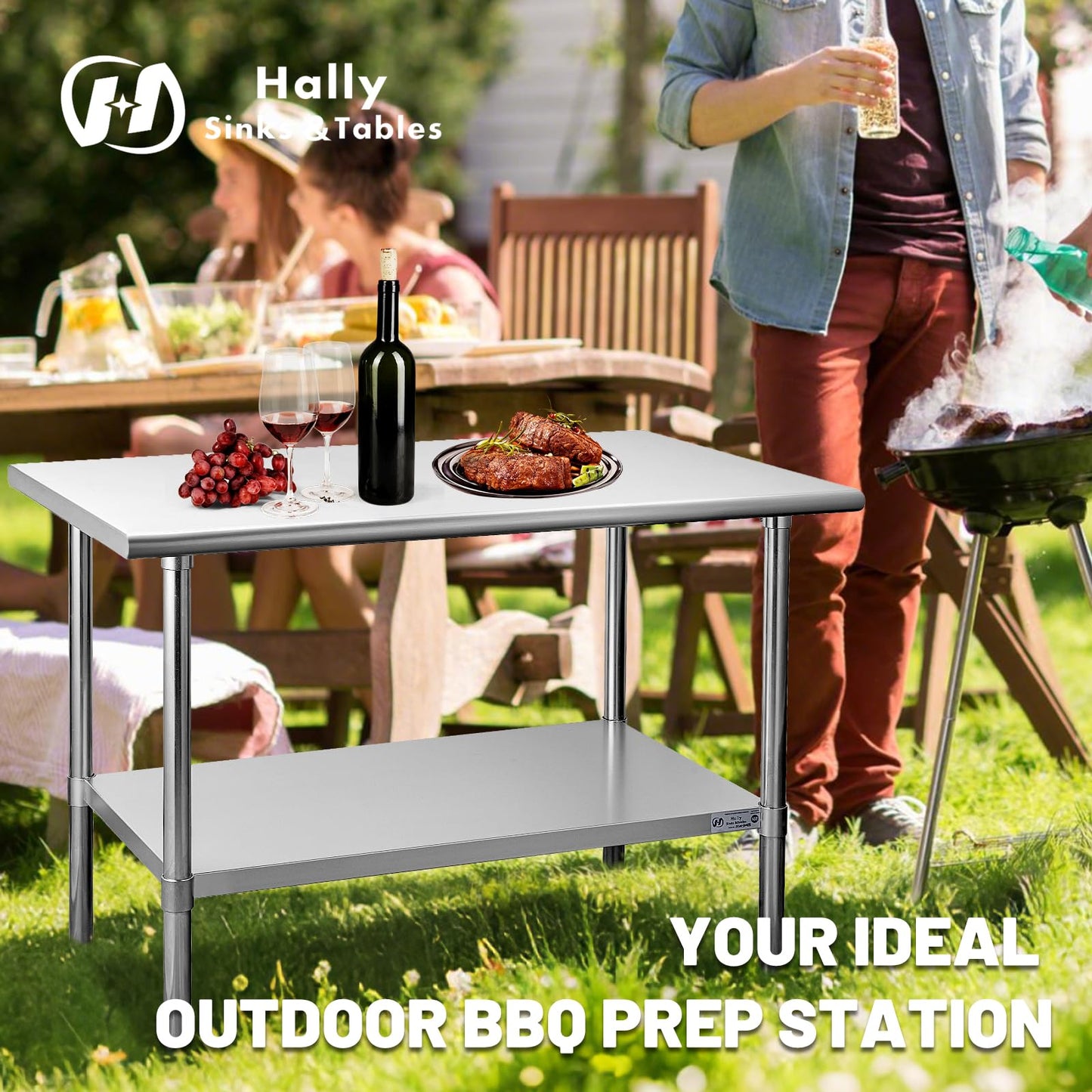 Hally Stainless Steel Table for Prep & Work 30 x 36 Inches, NSF Commercial Heavy Duty Table with Undershelf and Galvanized Legs for Restaurant, Home and Hotel