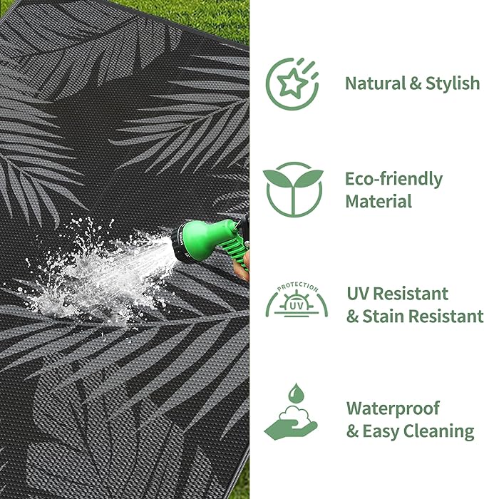 GENIMO Outdoor Rug 9' x 12' Waterproof for Patios Clearance, Reversible Outdoor Plastic Straw Camping Rug Carpet, Large Area Rugs Mats for RV, Camper, Deck, Balcony, Porch, Beach, Picnic, Black&Grey