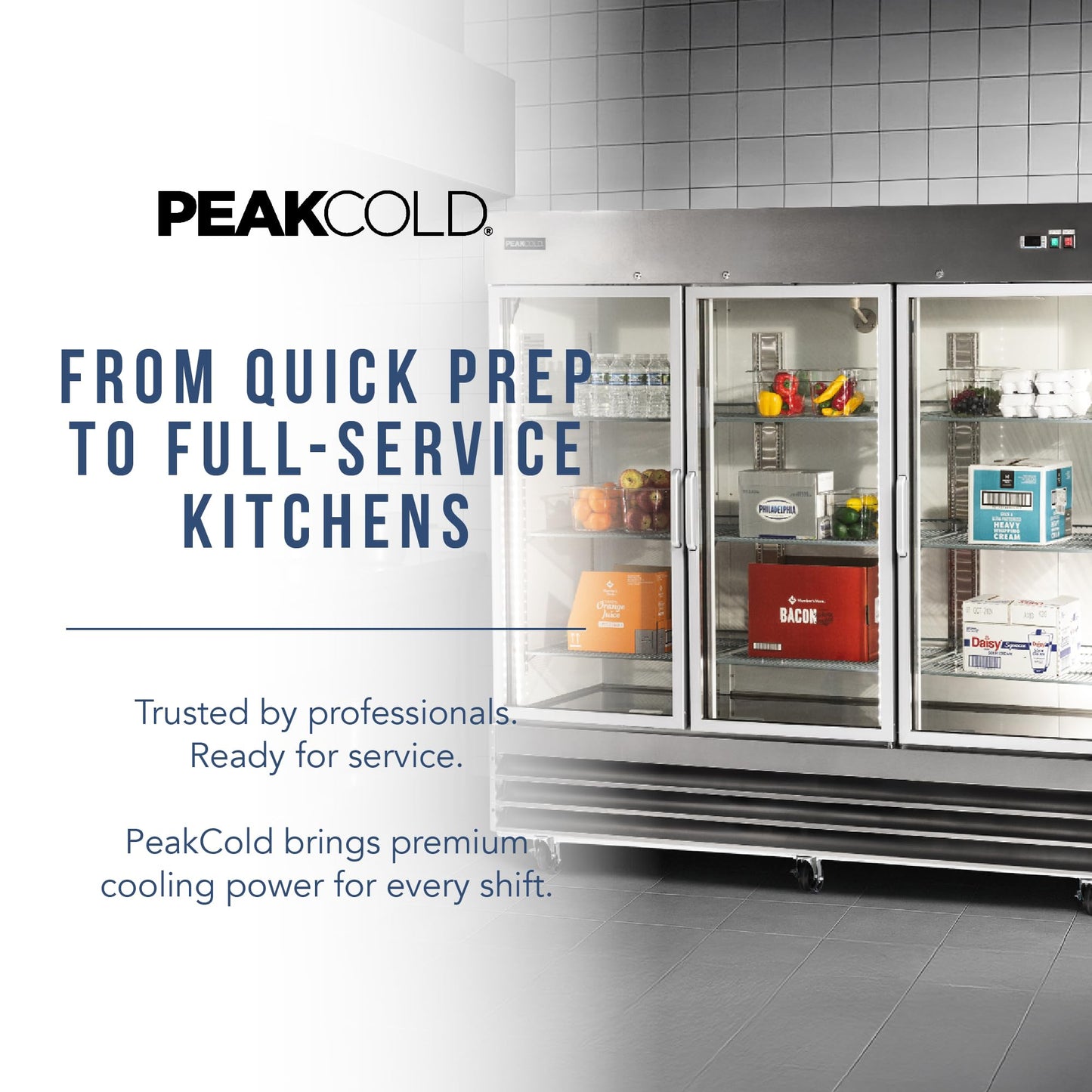 PEAKCOLD 3 Glass Door Commercial Refrigerator - 72 Cubic Ft, 81" Wide Stainless Steel Reach-In Commercial Refrigerator with White Internal Lighting - Freestanding Industrial Fridge