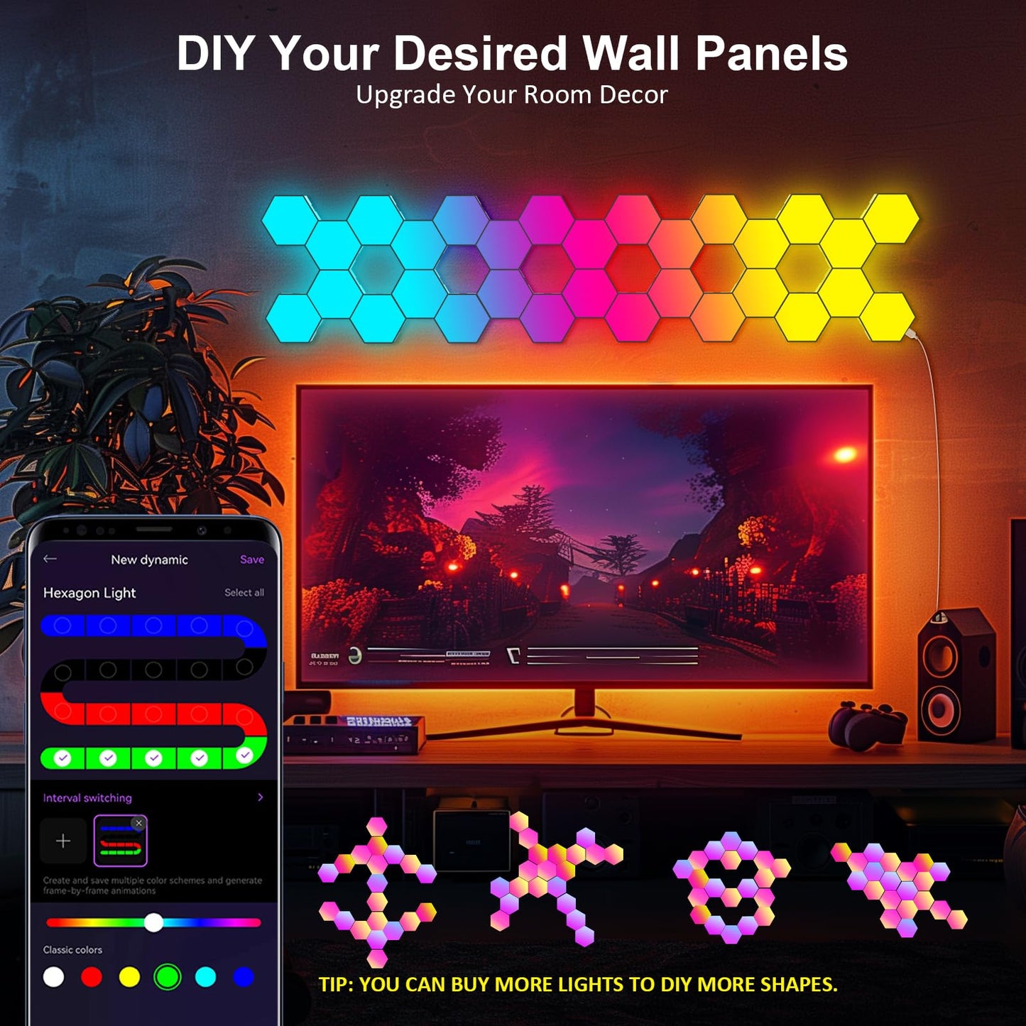 Hexagon LED Light Panels 8 Pack – RGB Wall Decor Lights with Music Sync, App & Remote – Modular Room Decor for Bedroom, Living Room, Gaming Setup, Gifts