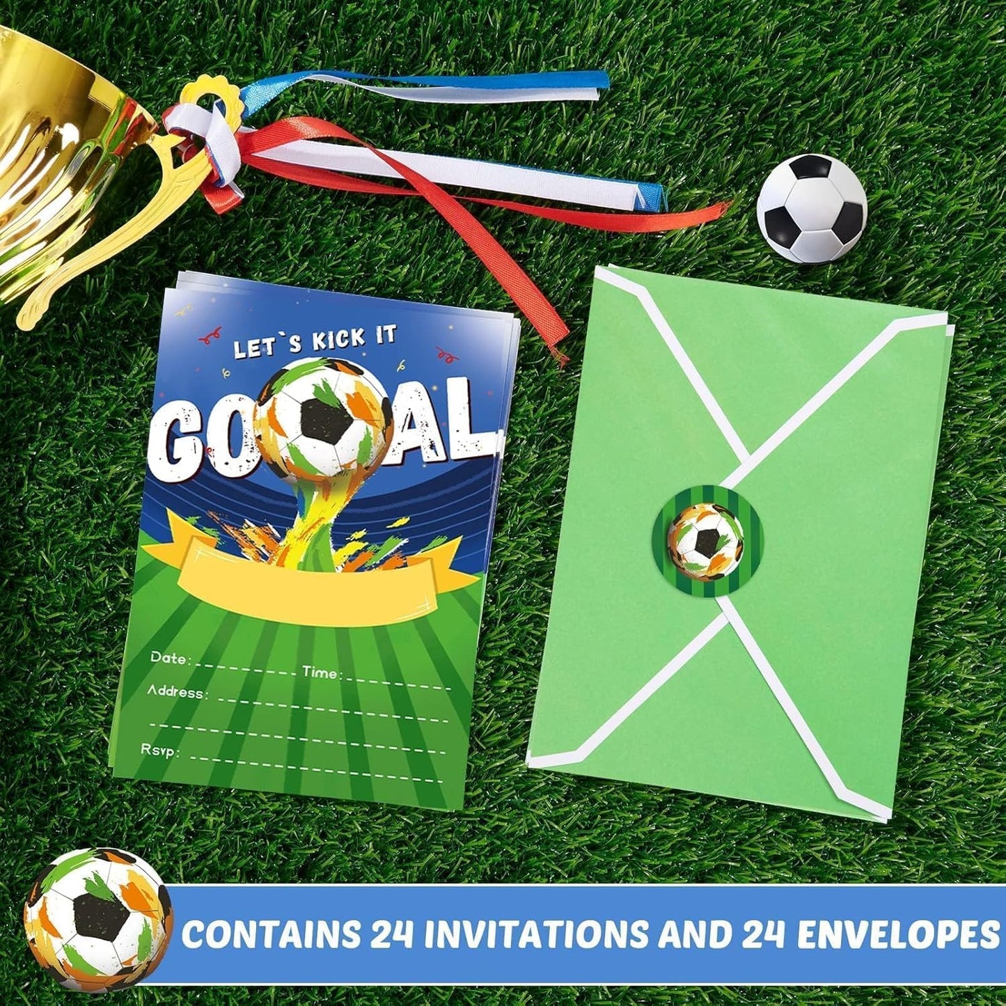 WERNNSAI 24 Set Soccer Birthday Invitations with Envelopes - Soccer Ball Birthday Party Supplies for Kids Boys Football Sport Blank Party Invites Cards with Goal Stickers for Bday Holiday Celebration
