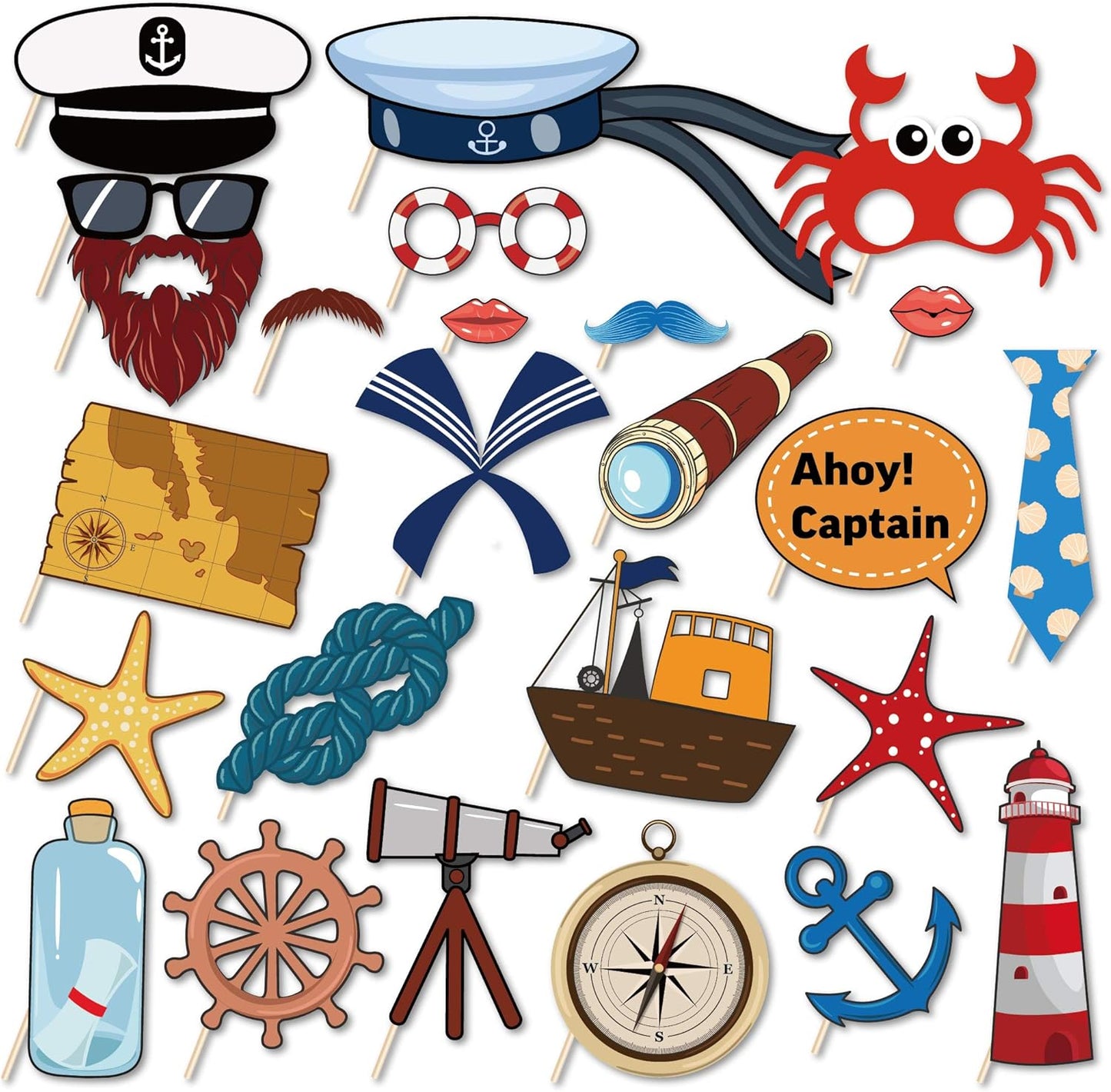 25Pcs Nautical Photo Booth Props Nautical Theme Photo Booth Props with Stick Ahoy Sailor Boy Theme Selfie Props Cruise Anchor Sailboat Yacht Photography Prop for Sailor Party Decor
