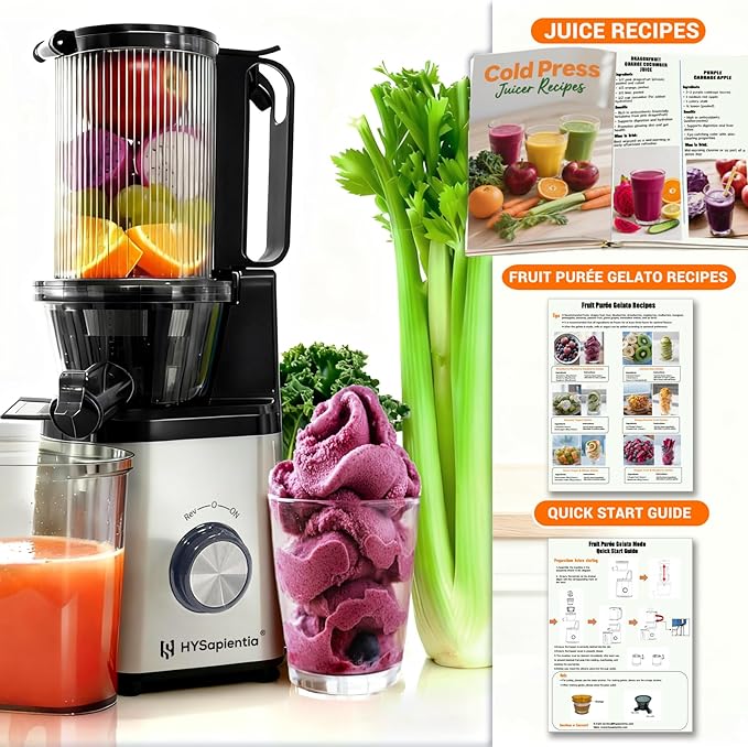 Cold press juicer machines，HYSapientia Electric masticating slow juicer for vegetable and fruit,Powerful Motor,Self Precut System,Easy to Clean,High Juice Yield,Juice & Fruit Purée Gelato Strainers