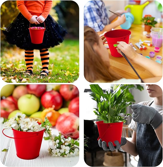 Small Metal Buckets with Handle 6 Pcs – Galvanized Bucket Leak Proof & Rust Resistant 48 fl oz Capacity - Best for Party Décor, Christmas & Decorating Classrooms (Red, Large 6.3" Top)