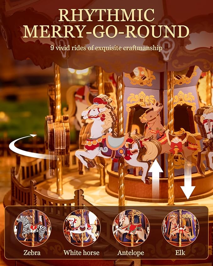 Rolife Wooden 3D Puzzles for Adults, DIY Carousel Music Box with Chaser Lights 11.6" Model Building Kit, Construction Project Craft Kits for Adults Hobby Home Decor Chiristmas Gifts for Boys Girls