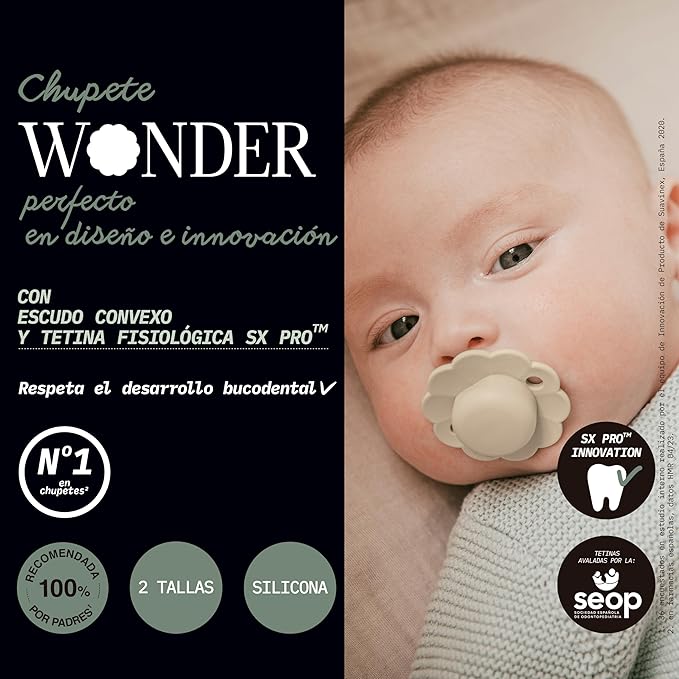 Suavinex Wonder Baby Pacifier, SX Pro Silicone Nipple, Reversible, Non Irritating Shield Design, 2 Pk Pacifiers 0-6 Months, Made in Europe, Aqua/Blue