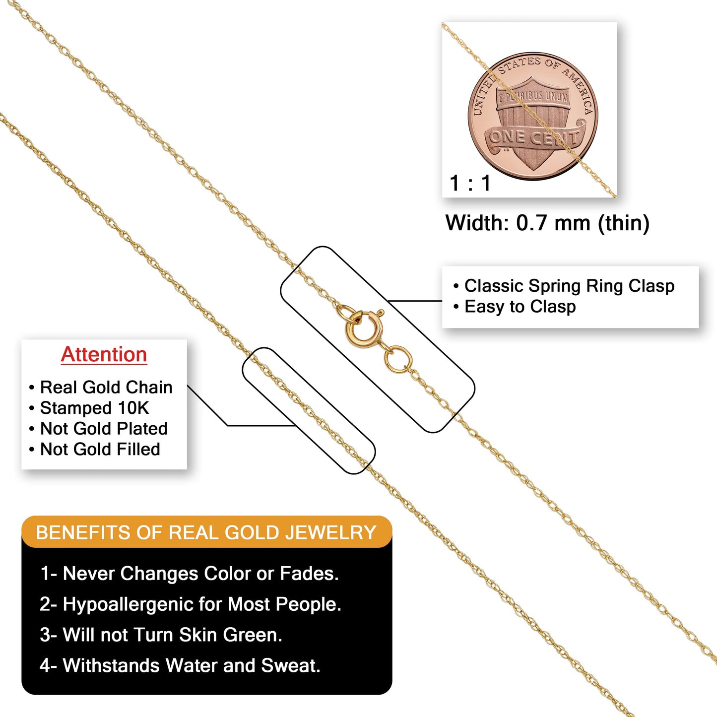 Kooljewelry 10k Yellow Gold Rope Chain Pendant Necklace (0.7 mm, 18 inch)