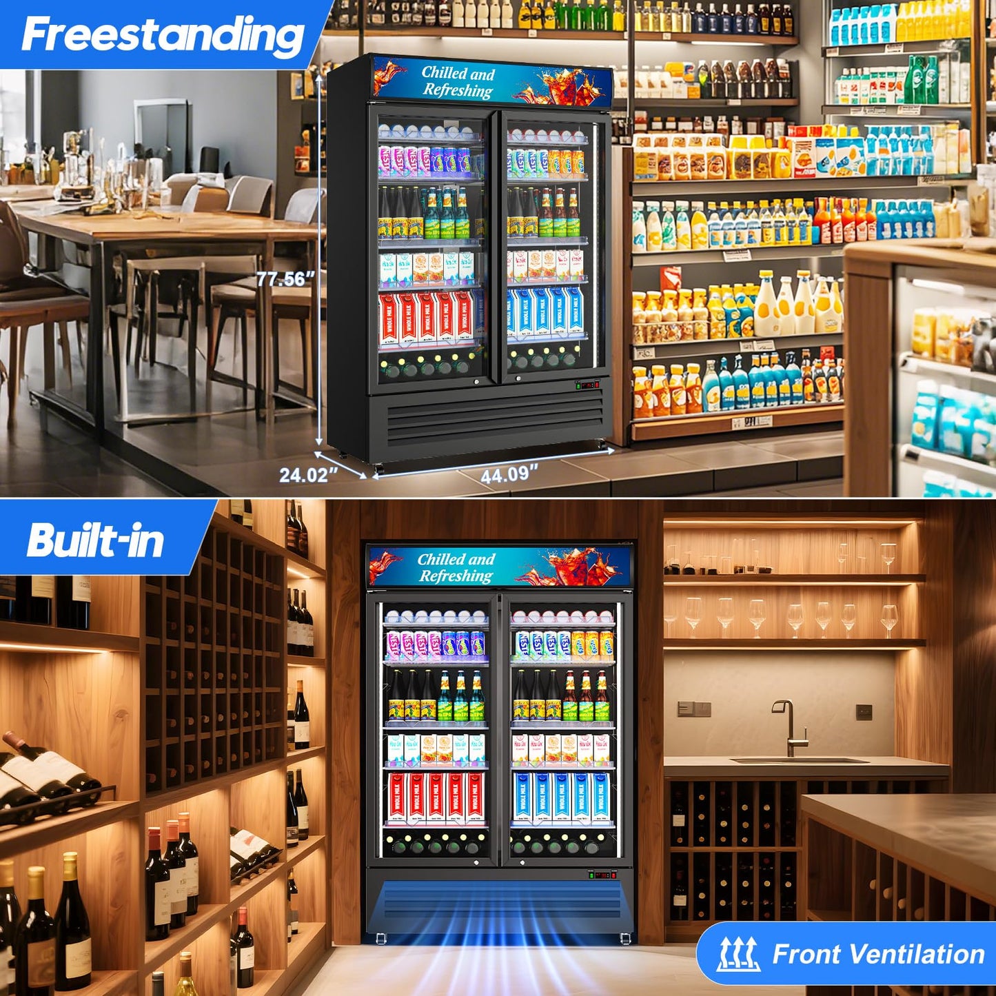 Velieta Commercial Beverage Refrigerator with 2 Glass Door, 383L Display Fridge Beverage Cooler with Customizable Lightbox Adjustable Shelves, Drink Fridge Merchandiser for Restaurant Shop, Black