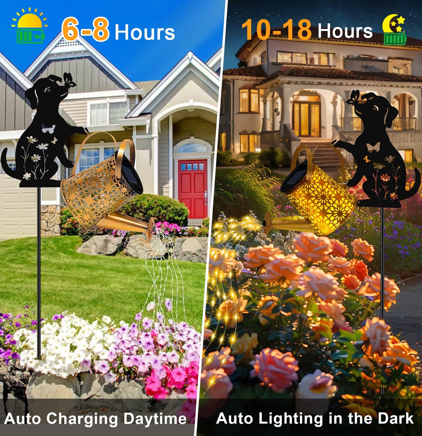 Solar Lights Outdoor Decorative  Watering Can With Cascading Lights  With Dog Silhouette Garden Stakes  Waterproof Metal Garden Decor For Yard Art  Outside  Patio  Lawn Ornaments(1 Pack)