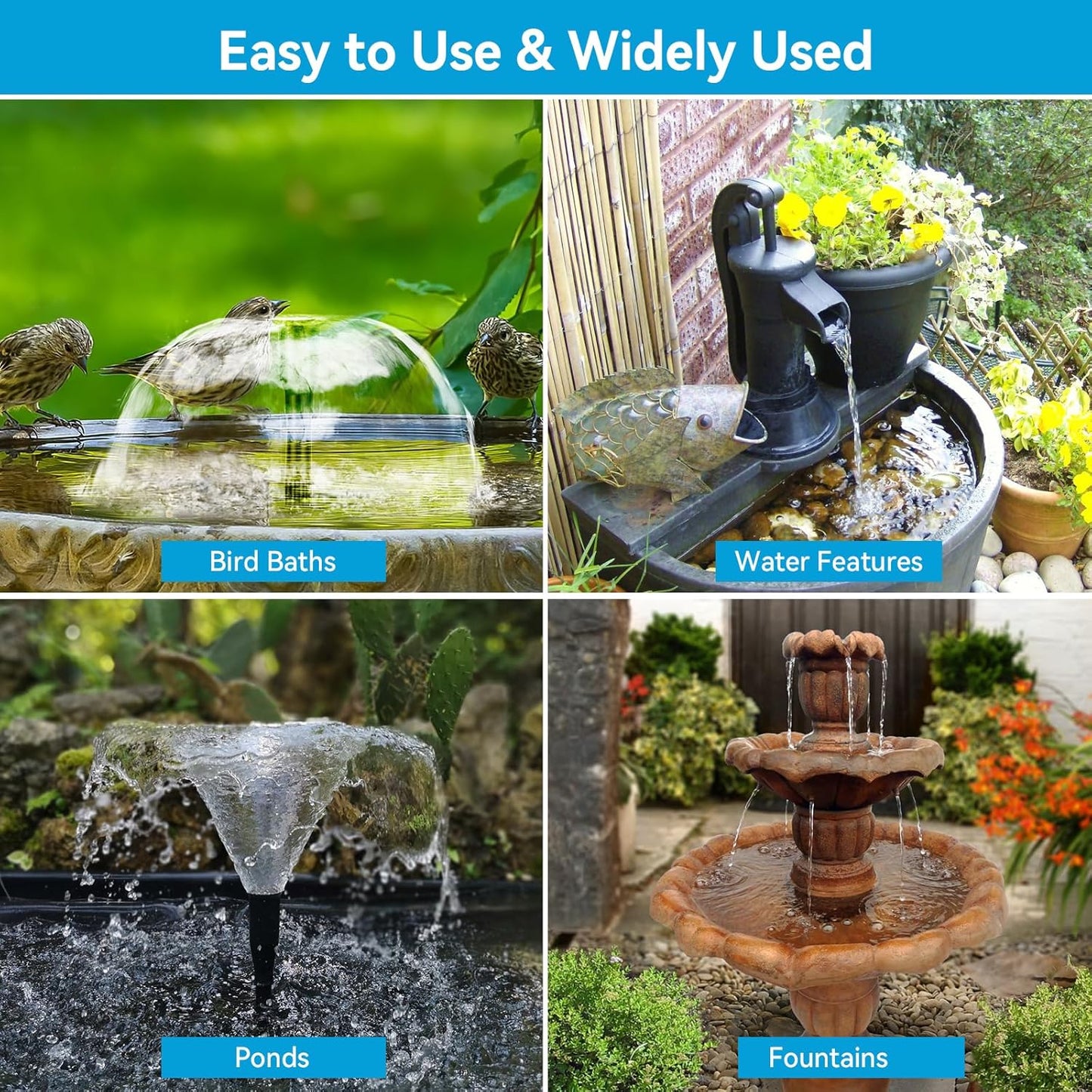 POPOSOAP 8W Solar Fountain Pump with Built-in 3600mAh Battery, Solar Powered Bird Bath Fountain with Dry-run Protection & Double-layer Nozzles 5Ft Tubing for Pond, Bird Bath, Backyard Water Feature