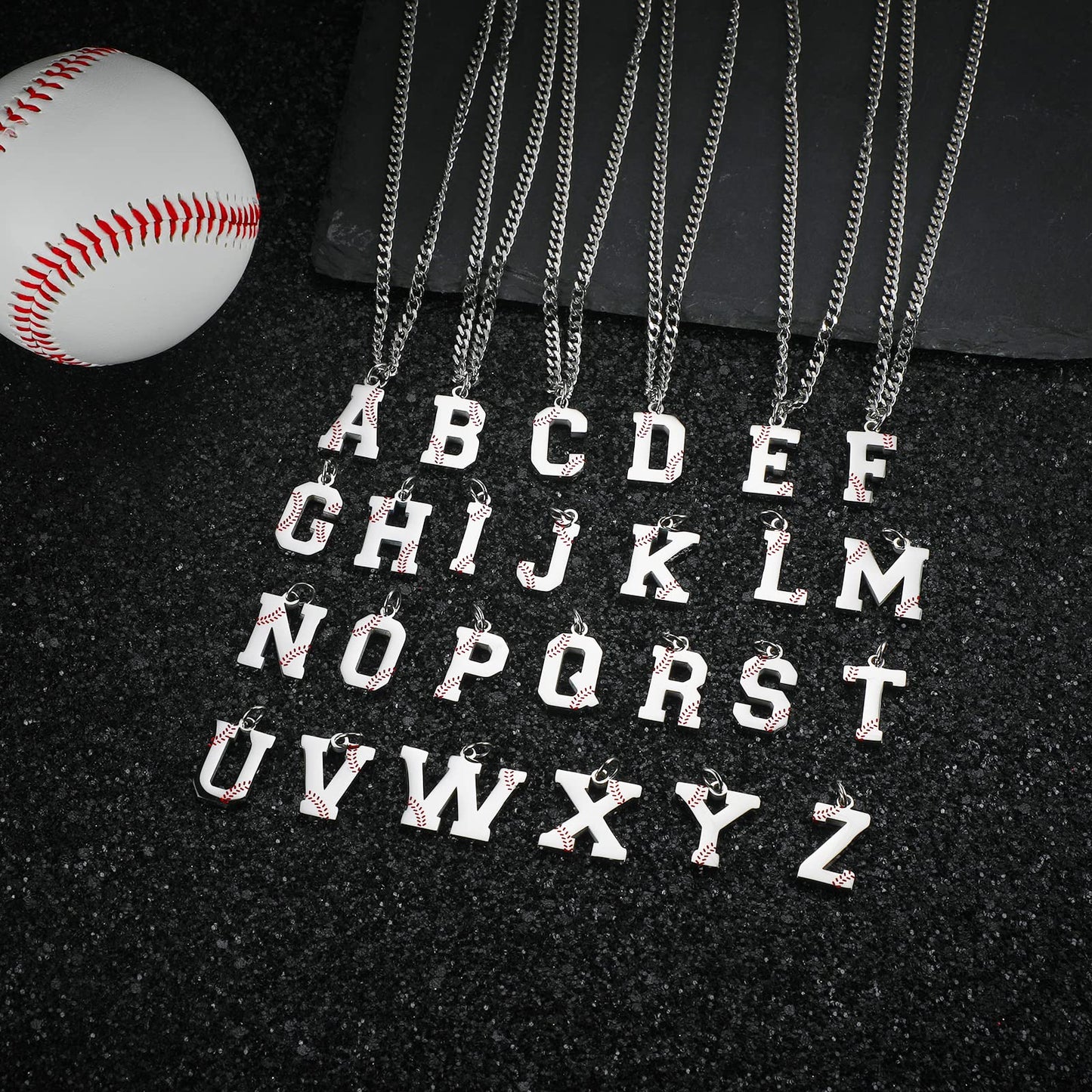 AIAINAGI Baseball Initial A-Z Letter Necklace for Men Baseball Charm Pendant Stainless Steel Silver Chain 22inch Personalized Ba