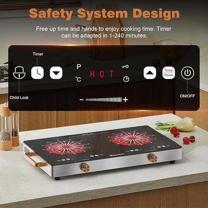 2 Burner Electric Cooktop 110V - 24 Inch Countertop Electric Stove with Handles 2000W, Two Burner Ceramic Burner with LCD Touch Screen and Knob Control, Timer, Safety Lock, 120V Plug in