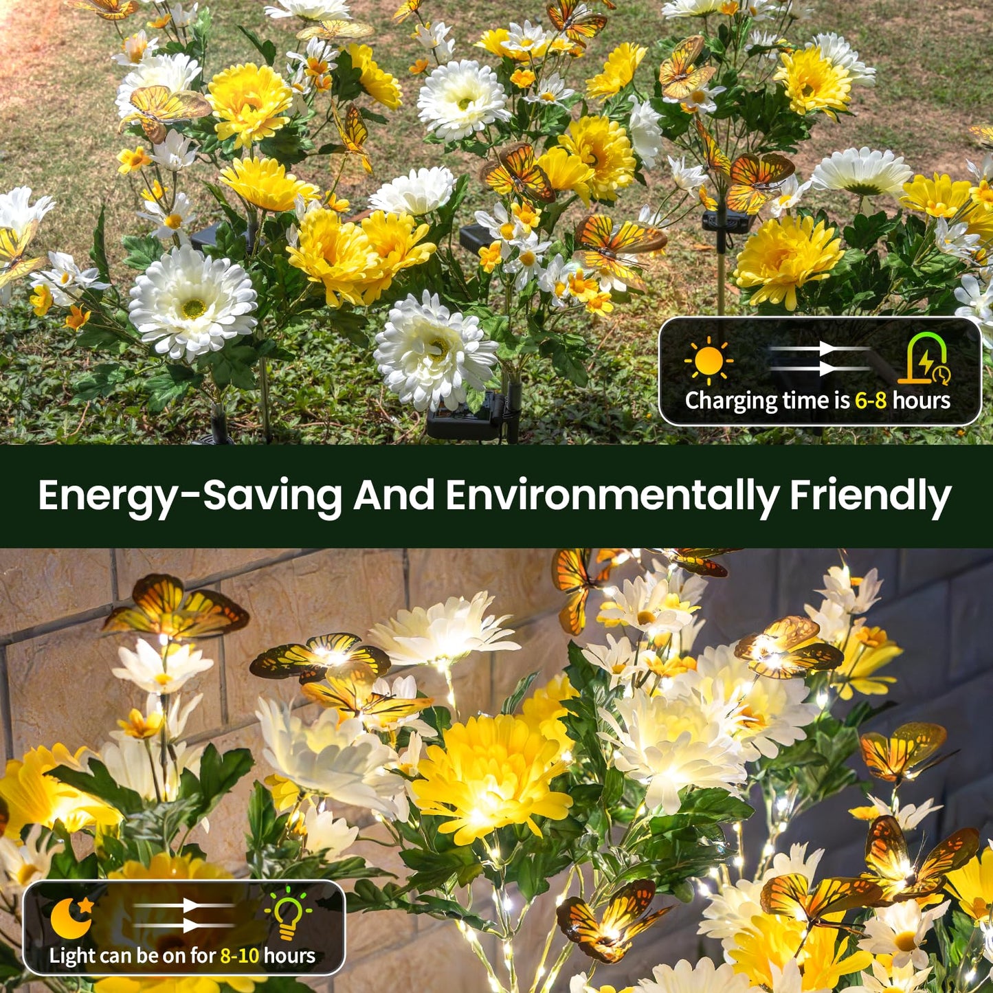 Topvelo Solar Garden Light 6 Packs  120 Leds Outdoor Solar Lighting With Daisy And Butterfly  Waterproof Outdoor Garden Light For Patio  Courtyard  Pathway Decoration (Yellow)