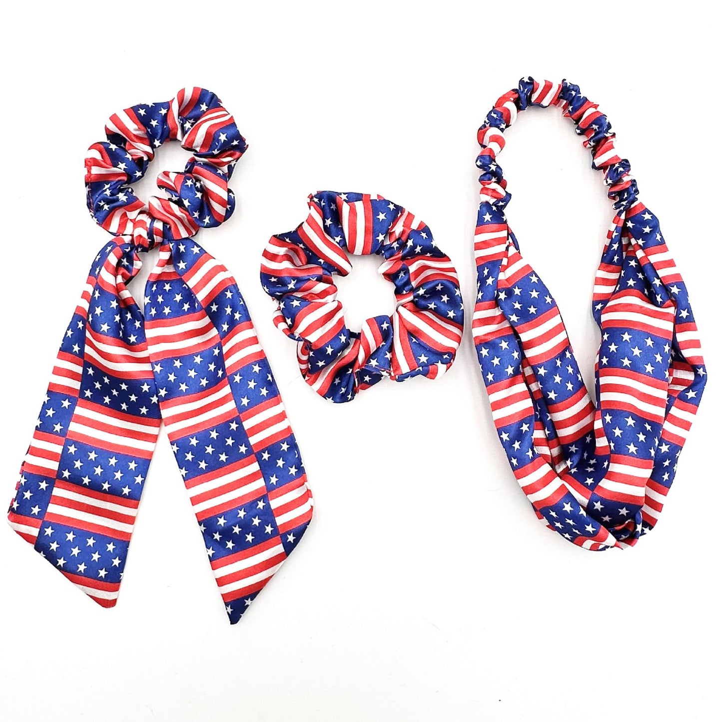 4th of July of Hair Accessories Set - 3Pcs American Flags Bandana Headband Red Blue White Hair Scarf Tie Patriotic Satin Scrunch