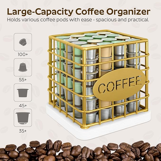 Coffee Pod Holder for K Cup, Large Capacity Coffee Pod Organizer, Versatile Coffee Capsule Storage Basket with Wooden Base, Gold and White KH10DW