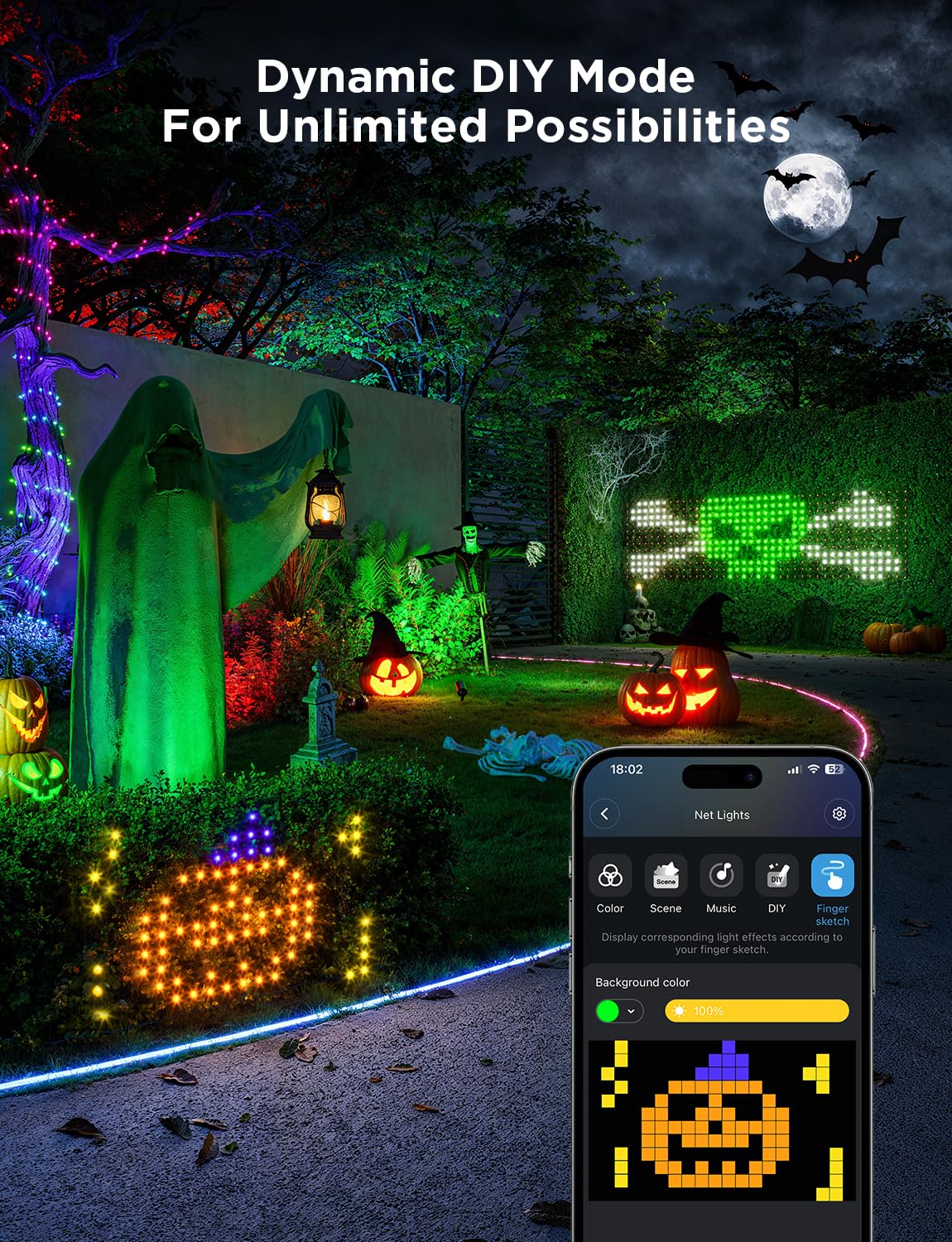 Govee Outdoor Net Lights, 2.8*9.4ft with RGBIC and DIY Functions, 480 LEDs Smart Net Lights with 64 Modes for Bush Patio Decor, Compatible with Alexa & Google Assistant, Outdoor Waterproof, Green Wire