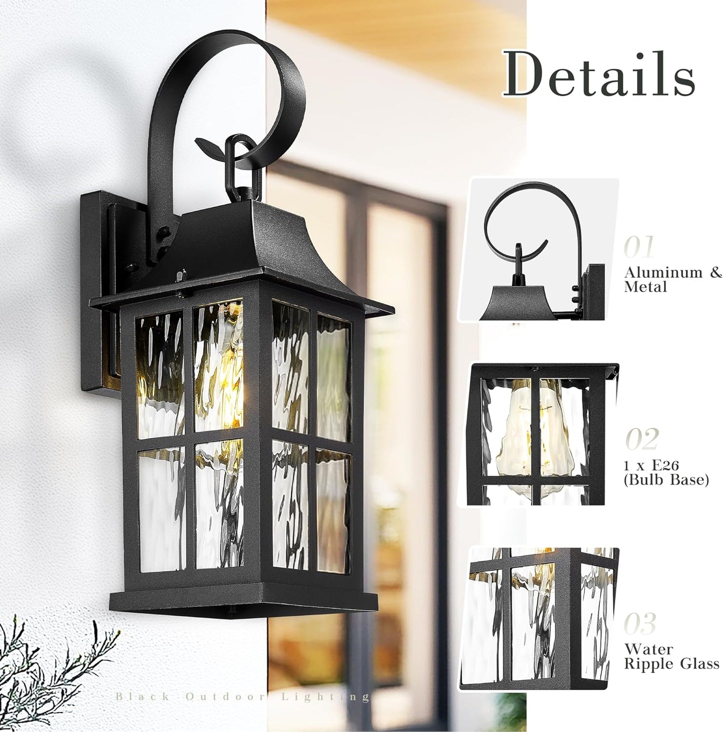 Emliviar 2 Pack 15.4 Inch Porch Lights Outdoor, Water Ripple Glass Shade Wall Sconce Lantern in Black Finish, E26 Socket Wall Lanterns for House, YXE306B-2PK BK-SW
