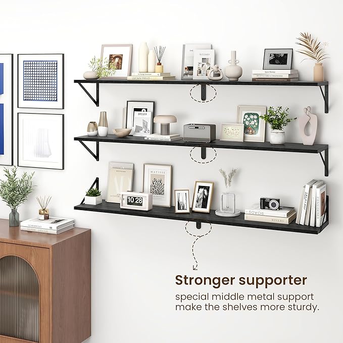 Fun Memories Deep Floating Shelves for Wall, 55W x 8D Wall Mounted Shelves Set of 2, Wide Display Ledge Shelf with Sturdy Metal Brackets for Living Room, Bathroom, Bedroom and Kitchen, Black