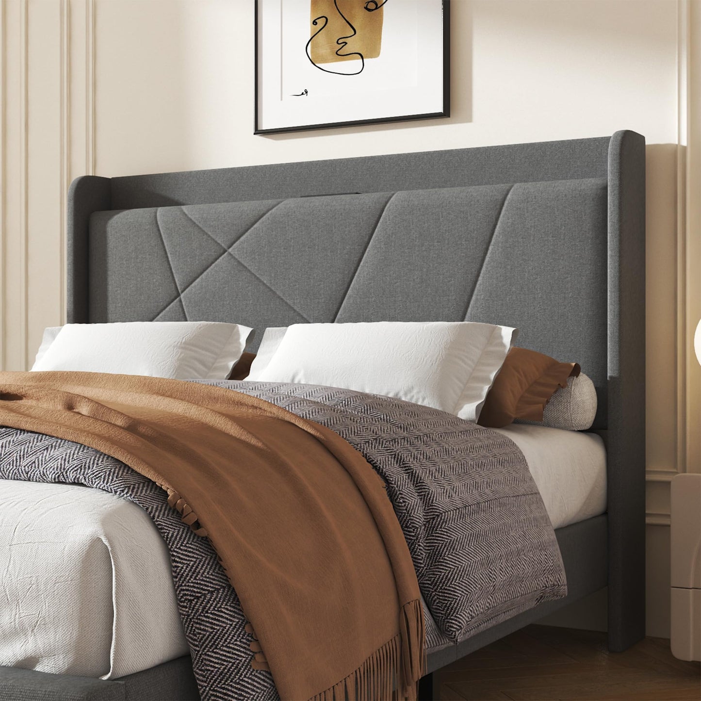 Queen Size Linen Bed Frame, Storage Headboard with Charging Station, Upholstered Platform Bed with Wooden Slats Support, Solid and Stable, Noise Free, No Box Spring Needed, Easy Assembly, Gray