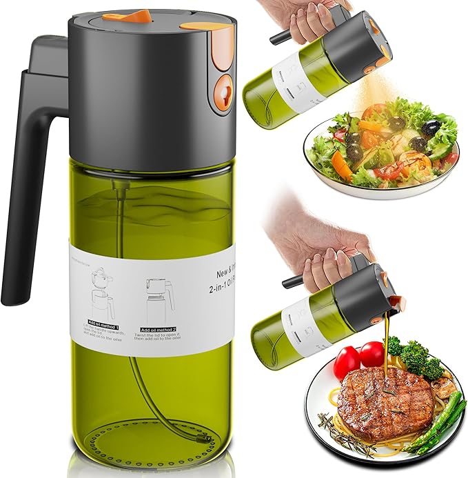 Upgrade 2 in 1 Oil Sprayer for Cooking, Olive Oil Dispenser Bottle for Kitchen Gadgets with Stickers, 17oz/500ml Food Grade Light-Blocking Glass Spray Bottle for Salad, Air Fryer, BBQ