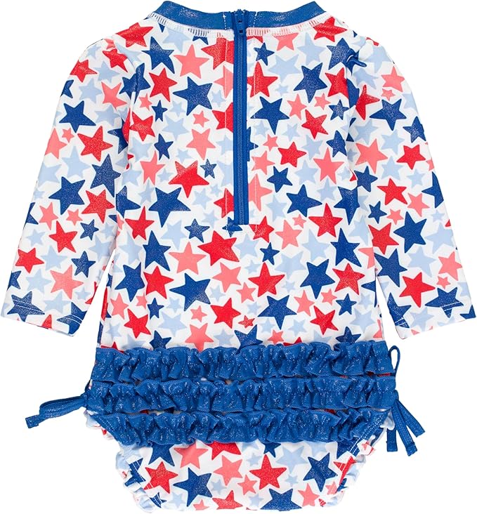 RuffleButts Baby Girls UPF 50+ Sun Protection Novelty Print Long Sleeve One Piece Rash Guard Swimsuit with Zipper