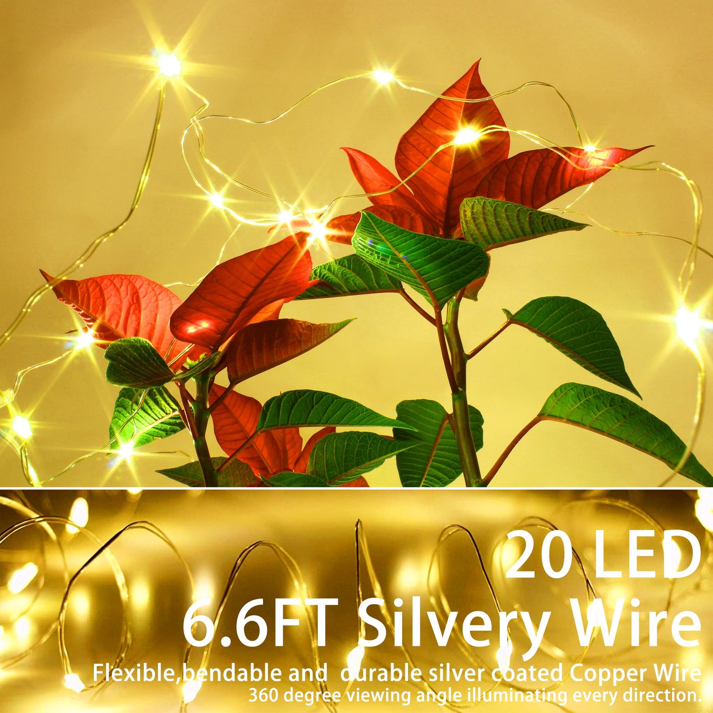 SmilingTown 20 LED Fairy Lights - 6.6FT Silver Copper Wire, Waterproof, Warm White, Battery Operated for Party, Wedding, Christmas Decorations