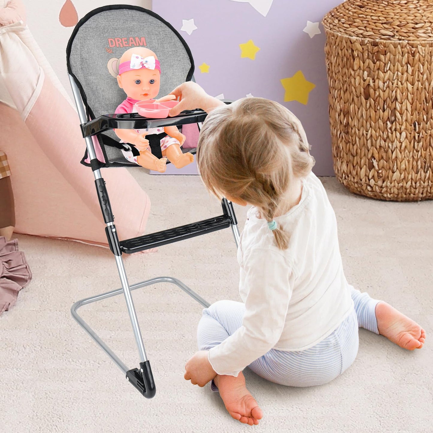 deAO Baby Doll Accessories Baby Doll Playset Furniture Set Baby Doll Crib High Chair Diaper Bag, Pretend Play Role Play Doll Accessories Set, Birthday Gifts for Kids Girl Boy