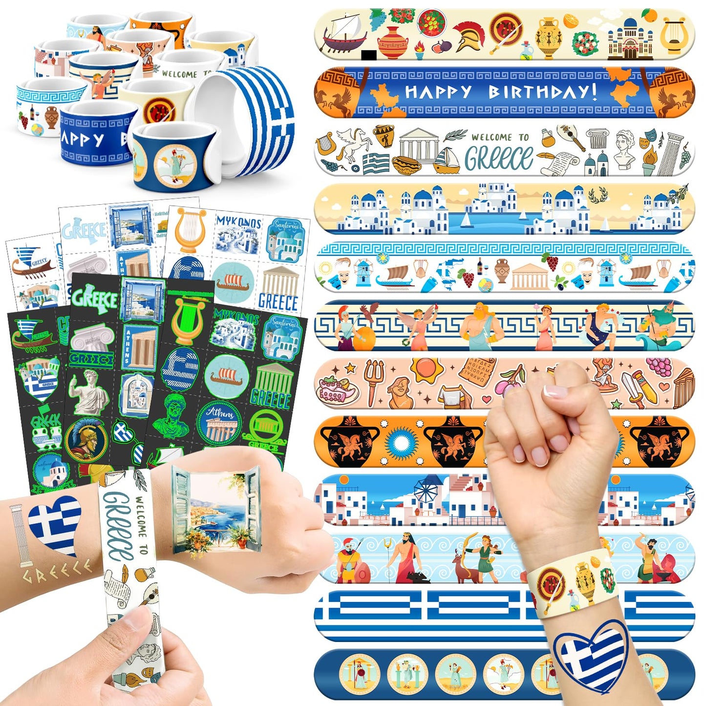 96 PCS Greek Mythology Party Favors Set - 72 Pre-Cut Temporary Tattoos & 24 Slap Bracelets, Perfect for Cultural Festivals & Tra