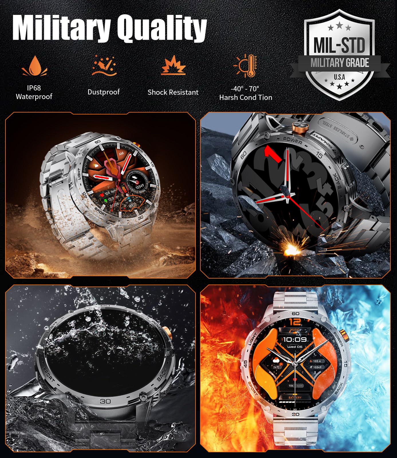 LIGE Military Smart Watch for Men, 730mAh/1.75" Large HD AMOLED Touchscreen Smartwatches with LED Flashlight for Android iOS, Fitness Tracker with 110+ Sport Modes/Heart Rate/Sleep Monitor,Black