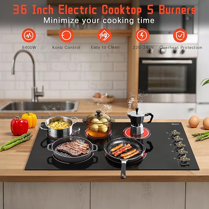 Electric Cooktop 36 Inch - 5 Burner Electric Stove Top with 8400W, 36 Inches Built-in Ceramic Stove with Two Dual Rings, Overheat Indicator, Knob Control, 220V - 240V Hard Wired (No Plug)