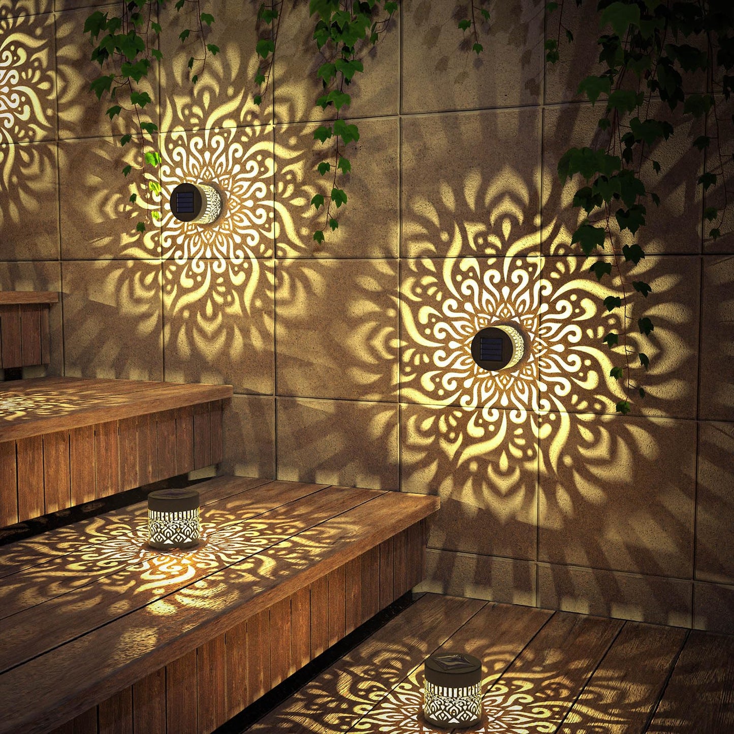 gardencave Solar Fence Lights - 4 Pack Metal Waterproof Outdoor Wall Deck Step Lights - Mandala Theme