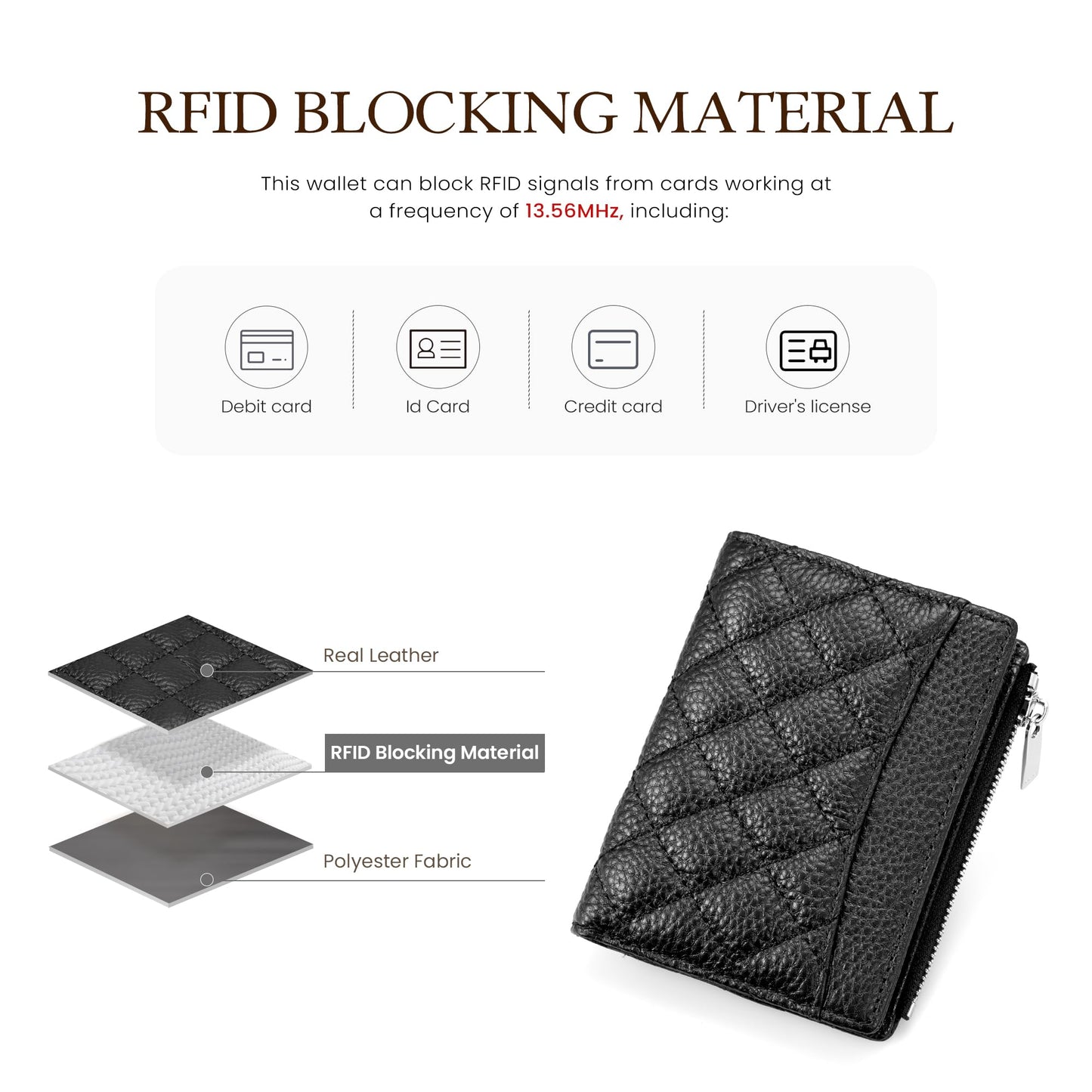 befen Genuine Leather RFID Wallet Women, Small Slim Keychain Wallets with Card Slots, Zipper Coin Holder - Black
