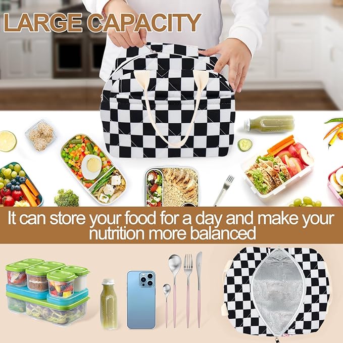 Cotton Quilted Insulated Lunch Bag, Cute Quilted Floral Lunch Tote Bags Reusable Insulated Lunch Box Coquette Aesthetic Large Capacity Insulated Cooler for Women Work Travel Picnic (Checkered-Black)