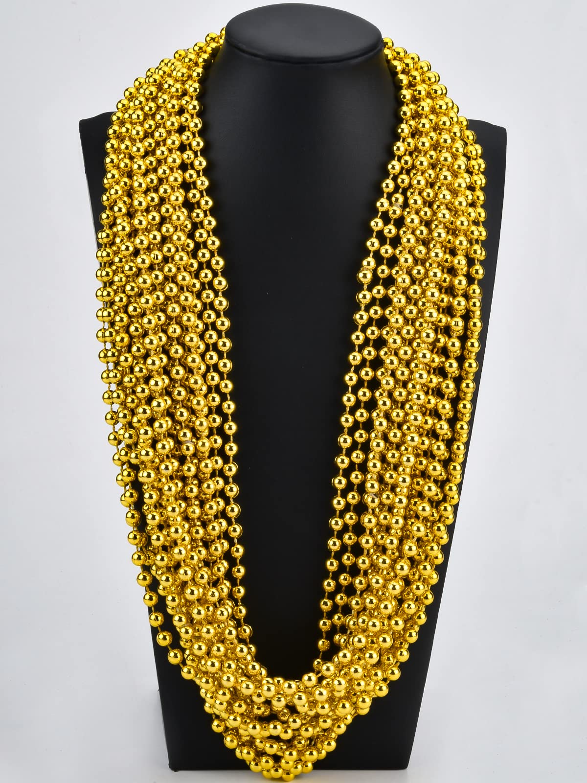 16 PCS 7mm Mardi Gras Bead Gold Faux Pearl Beads Necklaces Bulk Party Favor Plastic Play Pearl for 32 Carnival Necklaces Christm