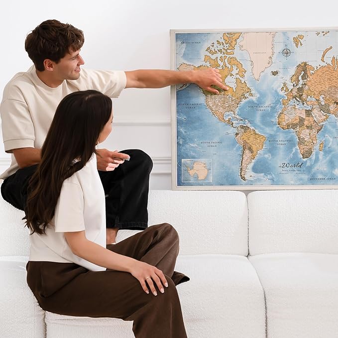 Canvas World Map with Cork Pin Board - English Lettering - Decorative Wall Decoration for All Rooms - Canvas Pictures with World Map Motif (70x50 cm, Pattern 15)