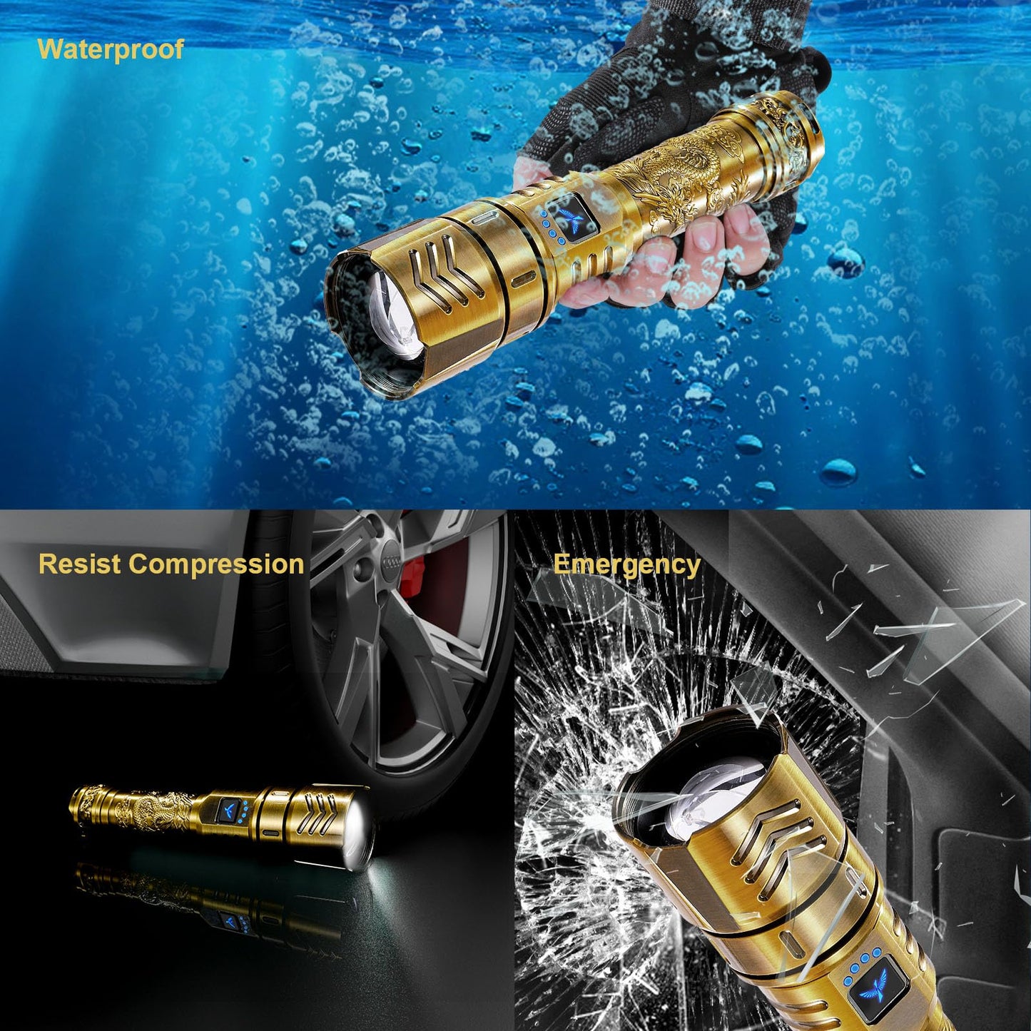 Skyfire Led Flashlights High Lumens With Ignition Lens 3000Lm Rechargeable Super Bright Flashlight Zoomable Four Modes Waterproof Tactical Flash Light For Camping Essentials Outdoor Home&Gifts-Gold