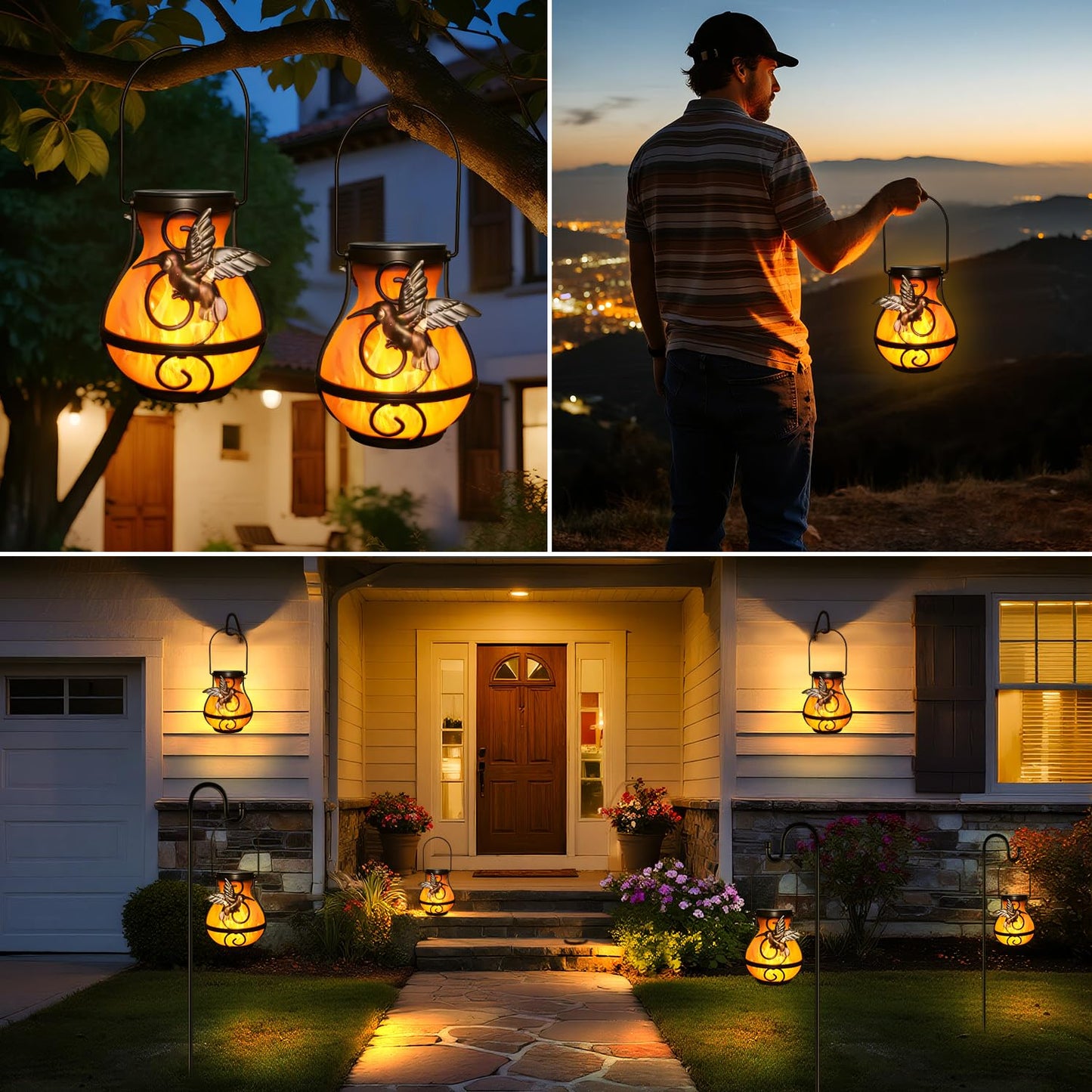 2 Pack Solar Lanterns For Outside Hanging Solar Garden Lights Outdoor Waterproof With Flickering Flame Led Lantern For Patio Yard Camping Halloween Decorations Gardening Gifts For Mom