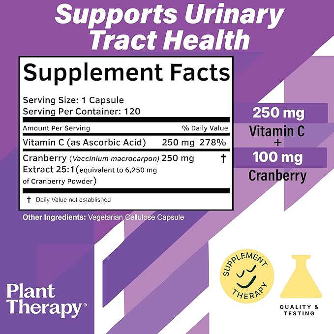 Plant Therapy Cranberry Extract Capsules with Vitamin C Manufactured in USA 4 Month Supply Supports Urinary Tract Health Supplements for Women Herbal 120 Vegetarian Capsule