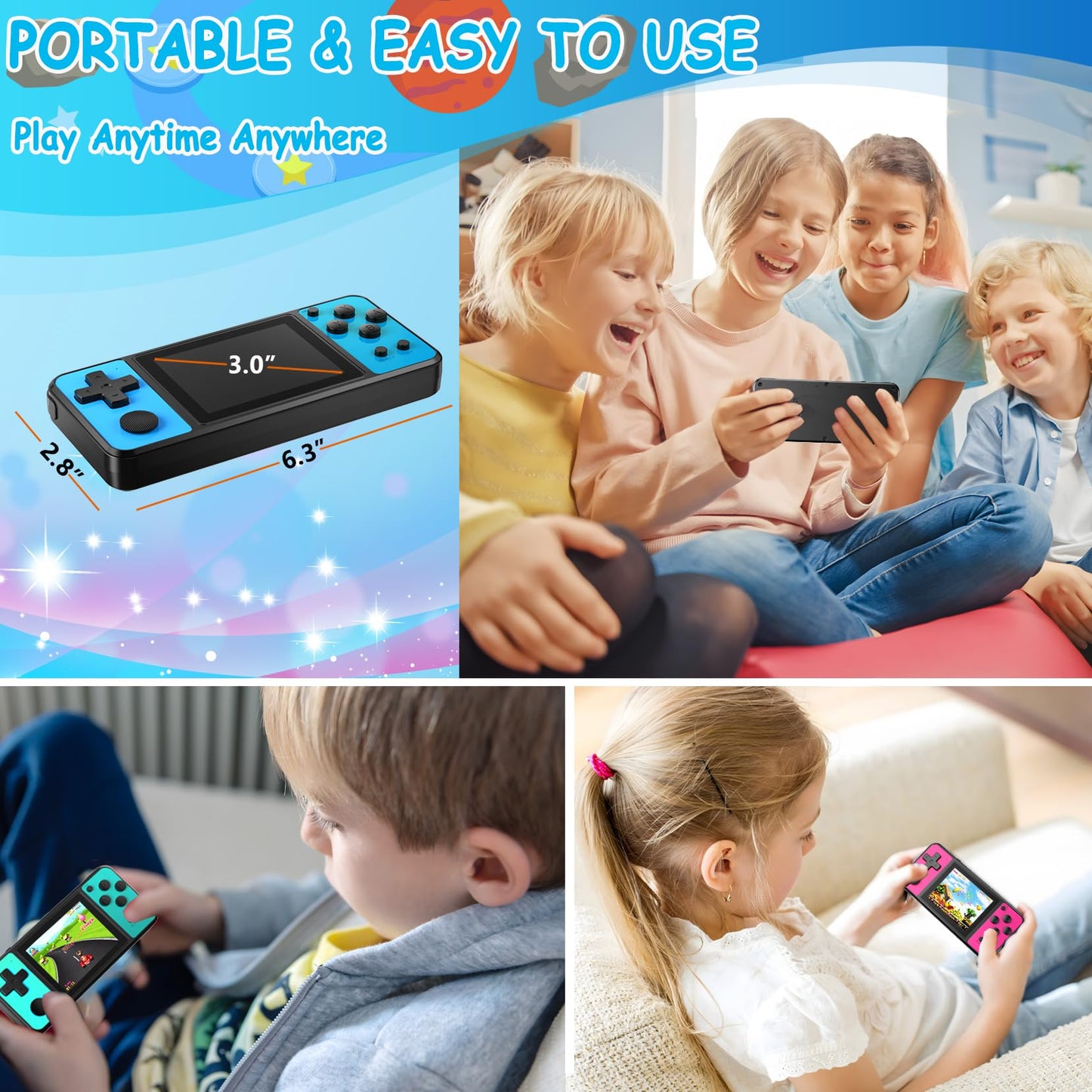 TEBIYOU 32 Bit Handheld Games for Kids Built-in 139 Video Games, 3.0" IPS Screen Rechargeable Travel Toys for Ages 4-13, Mini Electronic Gaming Player Xmas Birthday Gifts for Boys Girls (Blue)